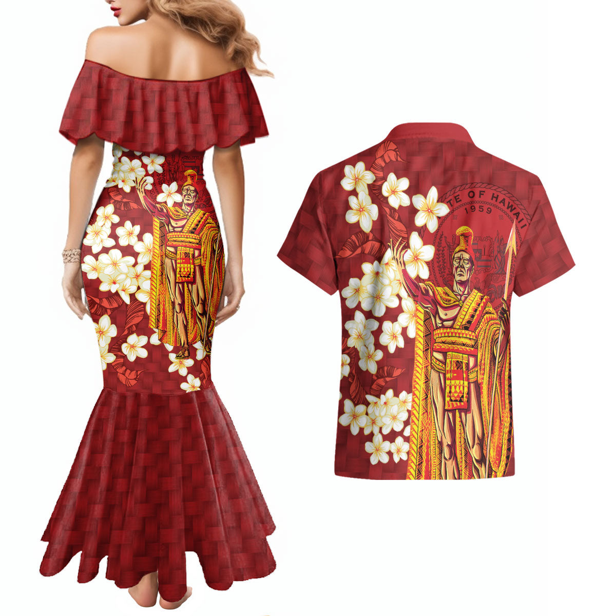 Hawaii King Kamehameha Couples Matching Mermaid Dress and Hawaiian Shirt Plumeria Lauhala Pattern LT01 - Polynesian Pride