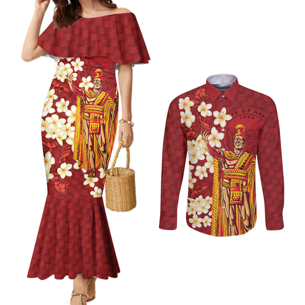 Hawaii King Kamehameha Couples Matching Mermaid Dress and Long Sleeve Button Shirt Plumeria Lauhala Pattern LT01 Red - Polynesian Pride