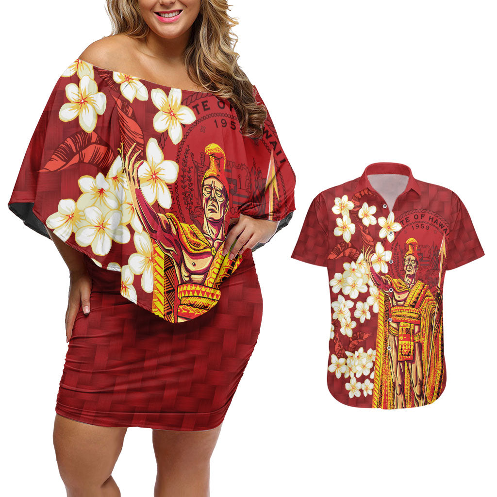 Hawaii King Kamehameha Couples Matching Off Shoulder Short Dress and Hawaiian Shirt Plumeria Lauhala Pattern LT01 Red - Polynesian Pride