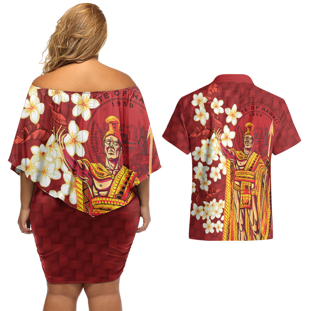 Hawaii King Kamehameha Couples Matching Off Shoulder Short Dress and Hawaiian Shirt Plumeria Lauhala Pattern LT01 - Polynesian Pride