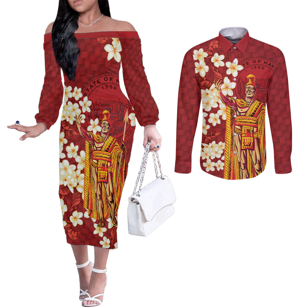 Hawaii King Kamehameha Couples Matching Off The Shoulder Long Sleeve Dress and Long Sleeve Button Shirt Plumeria Lauhala Pattern