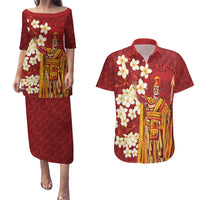 Hawaii King Kamehameha Couples Matching Puletasi and Hawaiian Shirt Plumeria Lauhala Pattern