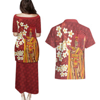 Hawaii King Kamehameha Couples Matching Puletasi and Hawaiian Shirt Plumeria Lauhala Pattern