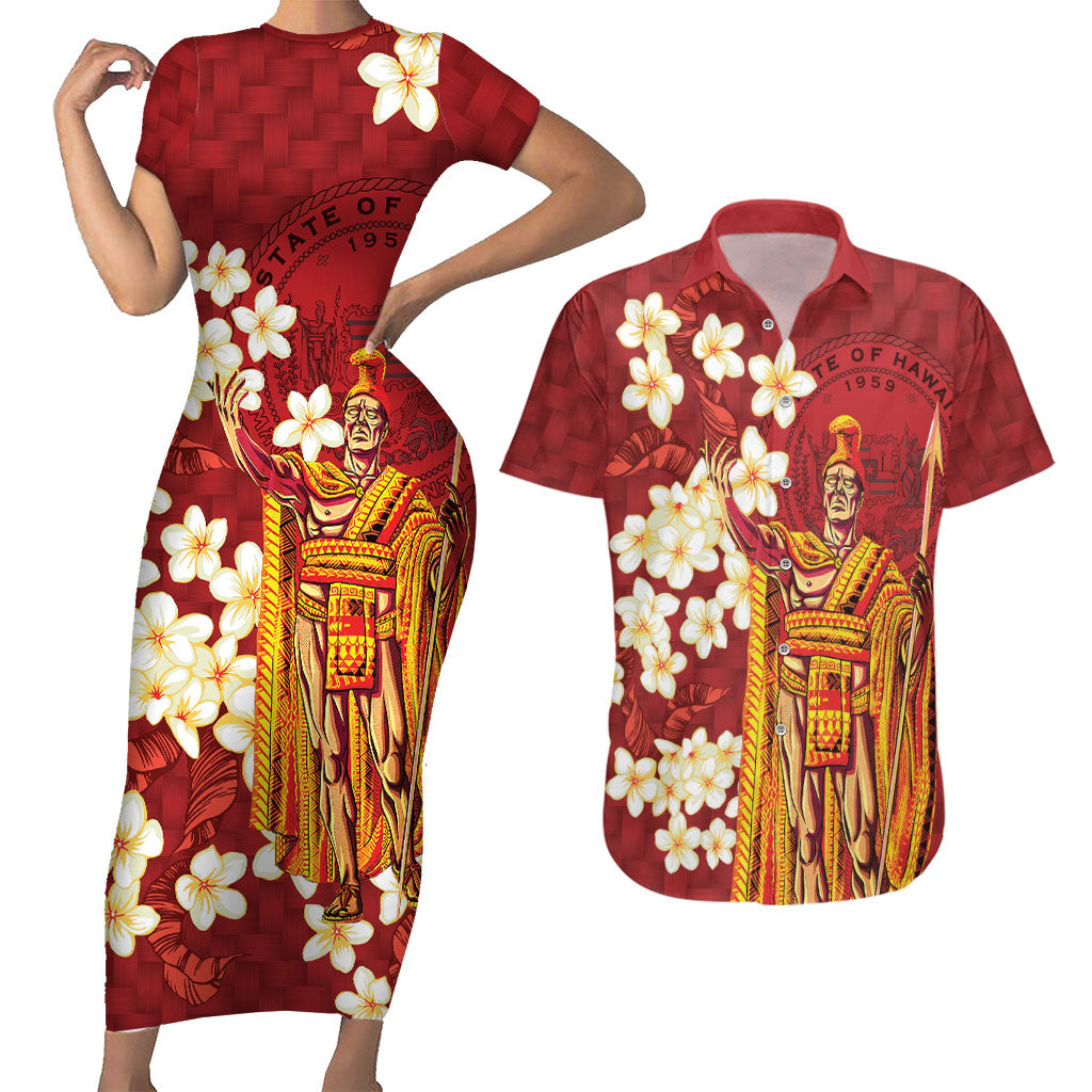 Hawaii King Kamehameha Couples Matching Short Sleeve Bodycon Dress and Hawaiian Shirt Plumeria Lauhala Pattern