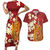 Hawaii King Kamehameha Couples Matching Short Sleeve Bodycon Dress and Hawaiian Shirt Plumeria Lauhala Pattern LT01 Red - Polynesian Pride