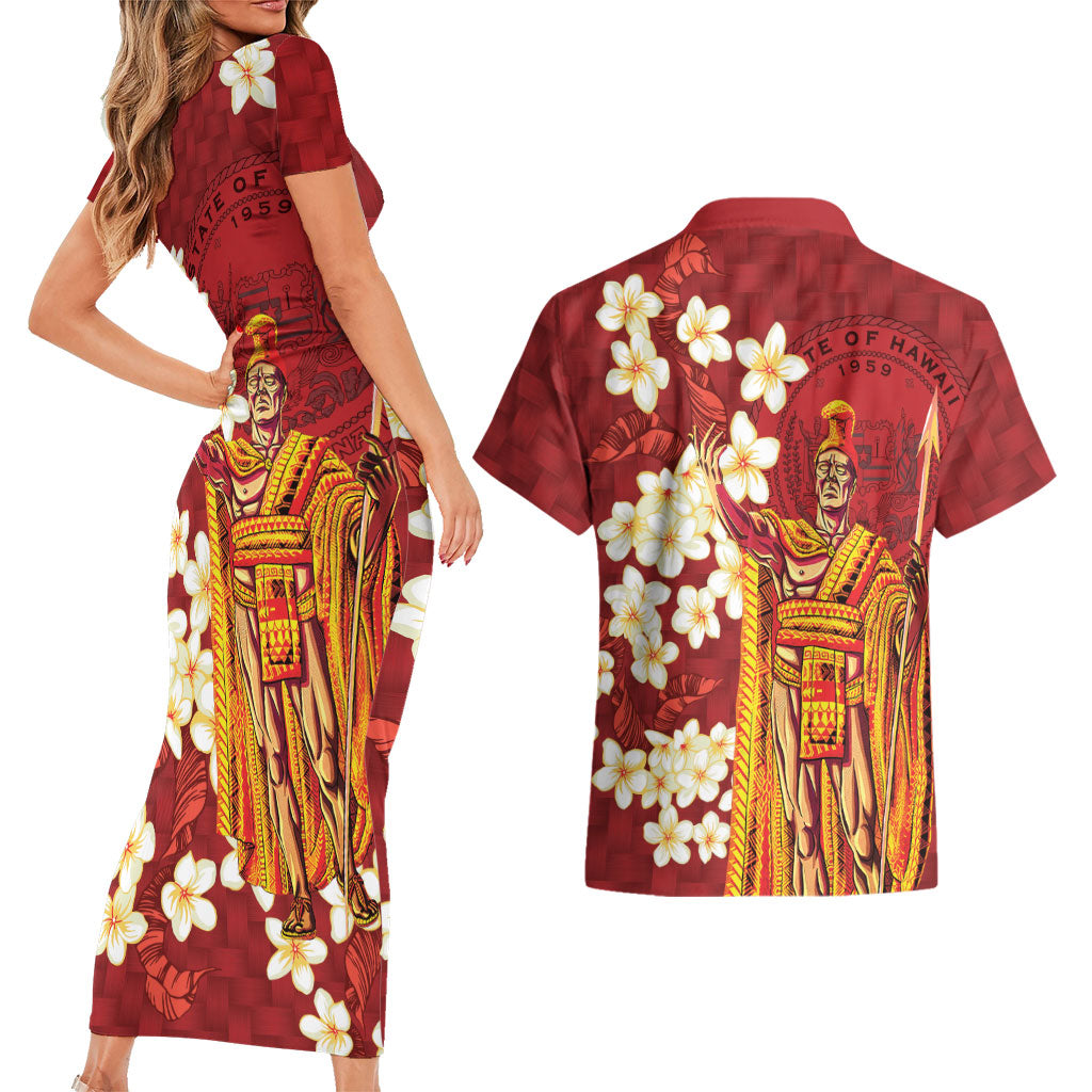 Hawaii King Kamehameha Couples Matching Short Sleeve Bodycon Dress and Hawaiian Shirt Plumeria Lauhala Pattern LT01 - Polynesian Pride