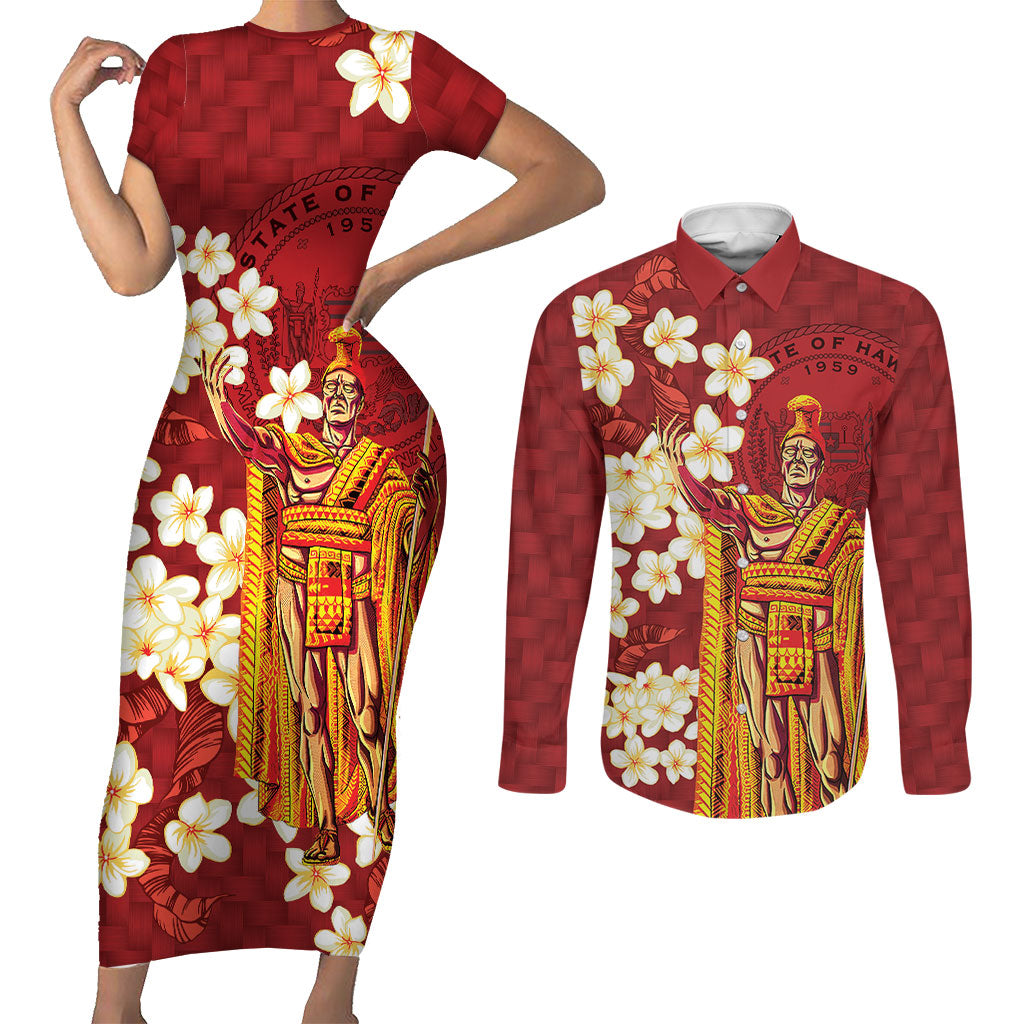 Hawaii King Kamehameha Couples Matching Short Sleeve Bodycon Dress and Long Sleeve Button Shirt Plumeria Lauhala Pattern LT01 Red - Polynesian Pride