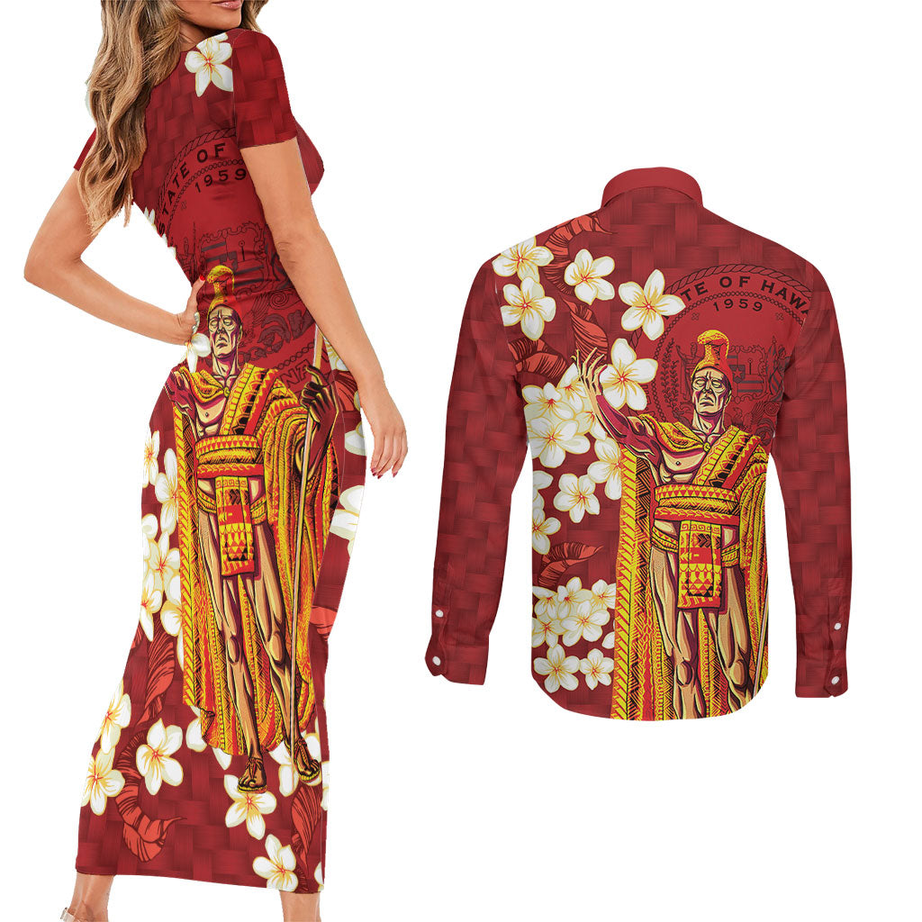 Hawaii King Kamehameha Couples Matching Short Sleeve Bodycon Dress and Long Sleeve Button Shirt Plumeria Lauhala Pattern LT01 - Polynesian Pride
