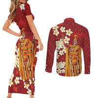 Hawaii King Kamehameha Couples Matching Short Sleeve Bodycon Dress and Long Sleeve Button Shirt Plumeria Lauhala Pattern LT01 - Polynesian Pride