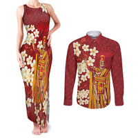 Hawaii King Kamehameha Couples Matching Tank Maxi Dress and Long Sleeve Button Shirt Plumeria Lauhala Pattern LT01 Red - Polynesian Pride