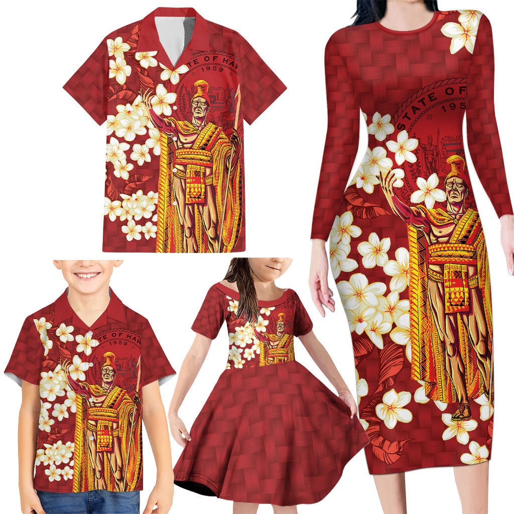 Hawaii King Kamehameha Family Matching Long Sleeve Bodycon Dress and Hawaiian Shirt Plumeria Lauhala Pattern