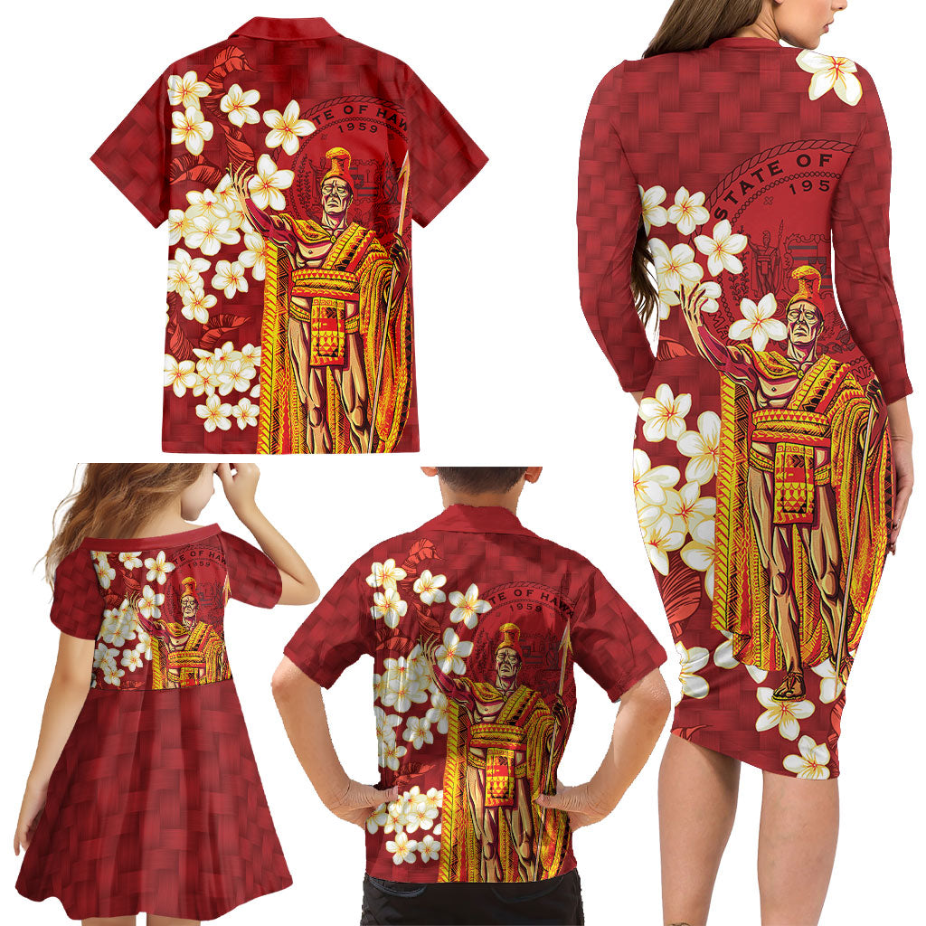 Hawaii King Kamehameha Family Matching Long Sleeve Bodycon Dress and Hawaiian Shirt Plumeria Lauhala Pattern LT01 - Polynesian Pride
