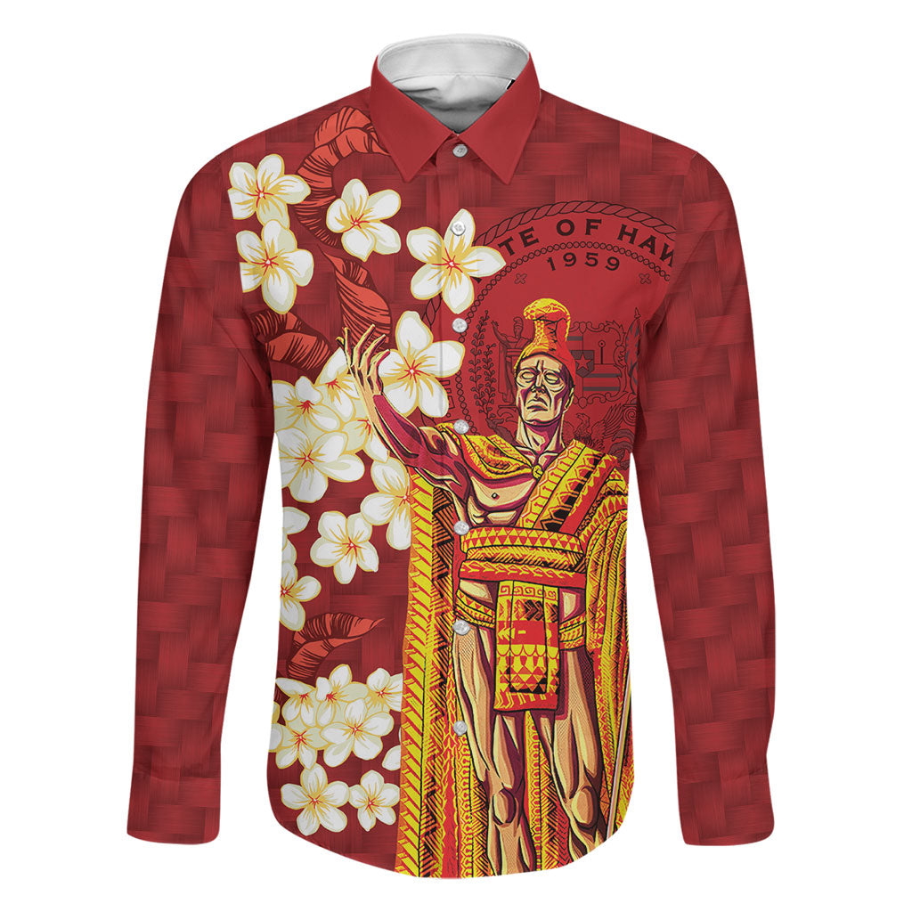 Hawaii King Kamehameha Family Matching Off The Shoulder Long Sleeve Dress and Hawaiian Shirt Plumeria Lauhala Pattern LT01 Dad's Shirt - Long Sleeve Red - Polynesian Pride