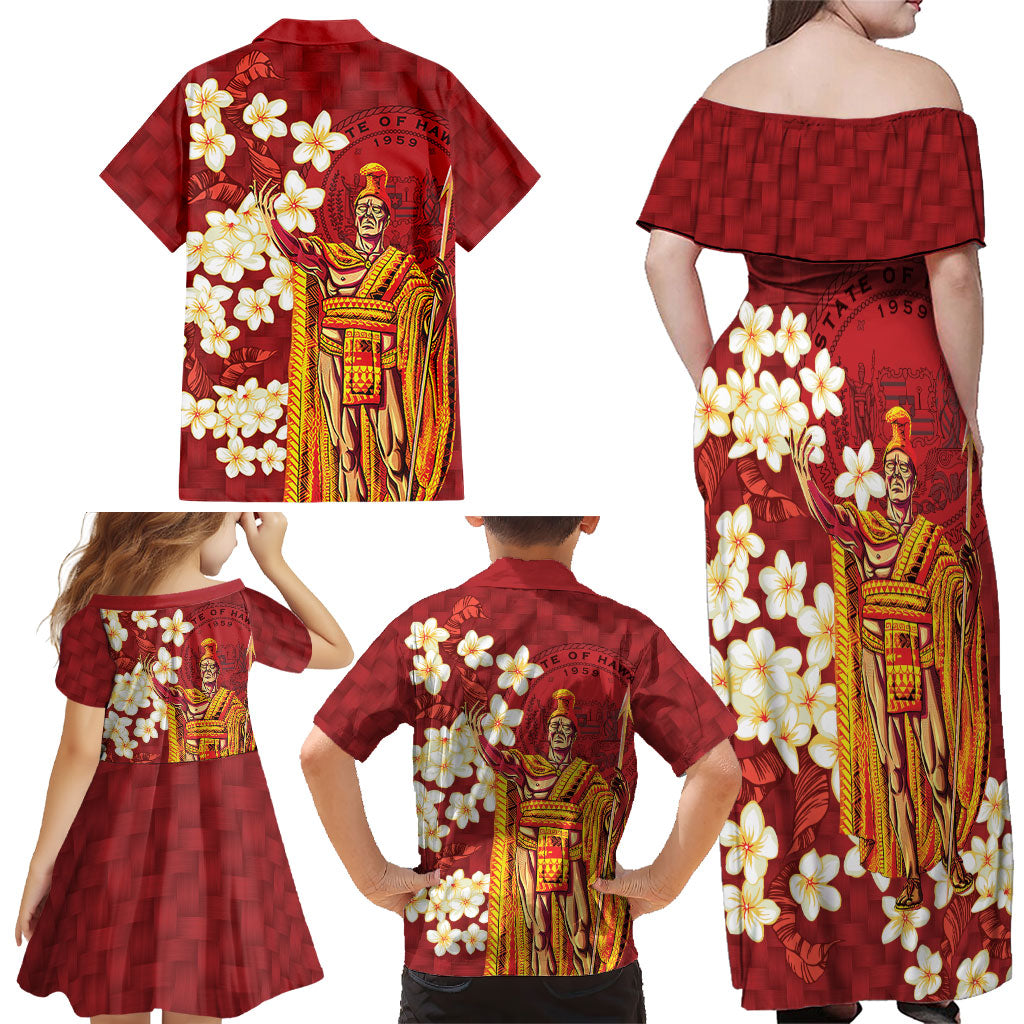 Hawaii King Kamehameha Family Matching Off Shoulder Maxi Dress and Hawaiian Shirt Plumeria Lauhala Pattern