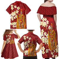 Hawaii King Kamehameha Family Matching Off Shoulder Maxi Dress and Hawaiian Shirt Plumeria Lauhala Pattern