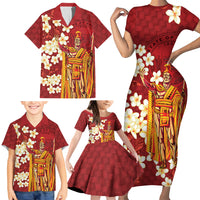 Hawaii King Kamehameha Family Matching Short Sleeve Bodycon Dress and Hawaiian Shirt Plumeria Lauhala Pattern