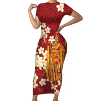Hawaii King Kamehameha Family Matching Short Sleeve Bodycon Dress and Hawaiian Shirt Plumeria Lauhala Pattern