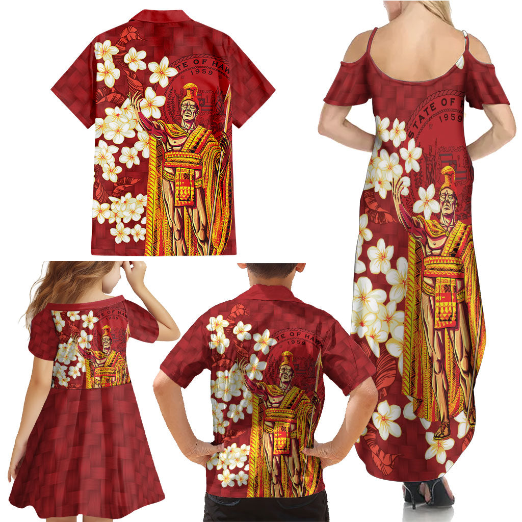 Hawaii King Kamehameha Family Matching Summer Maxi Dress and Hawaiian Shirt Plumeria Lauhala Pattern