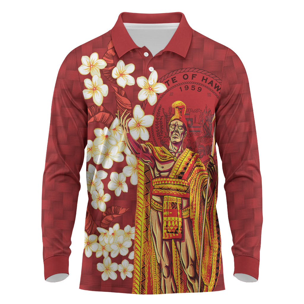 Hawaii King Kamehameha Long Sleeve Polo Shirt Plumeria Lauhala Pattern LT01 Red - Polynesian Pride