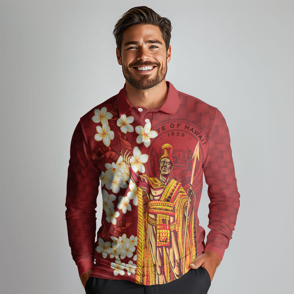 Hawaii King Kamehameha Long Sleeve Polo Shirt Plumeria Lauhala Pattern LT01 - Polynesian Pride