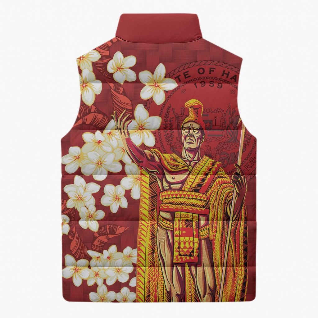 Hawaii King Kamehameha Sleeveless Puffer Jacket Plumeria Lauhala Pattern