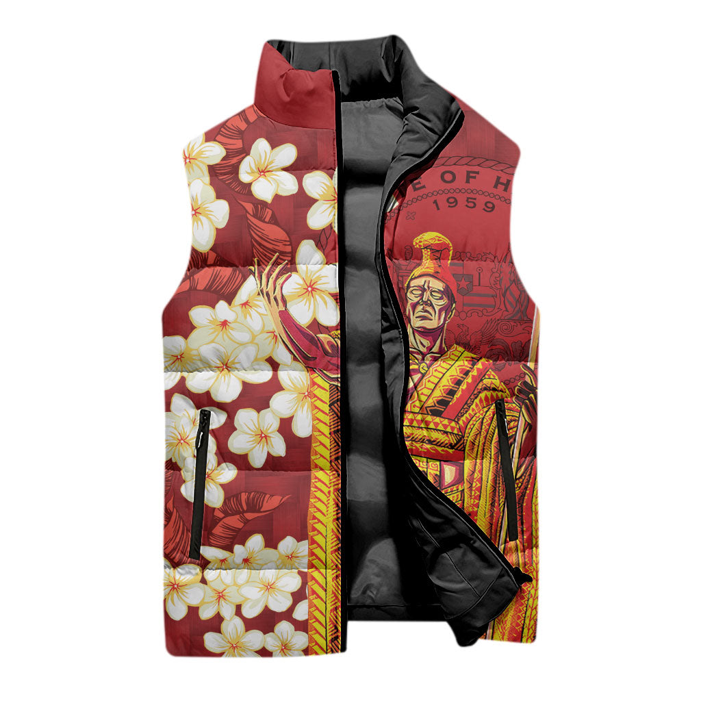 Hawaii King Kamehameha Sleeveless Puffer Jacket Plumeria Lauhala Pattern