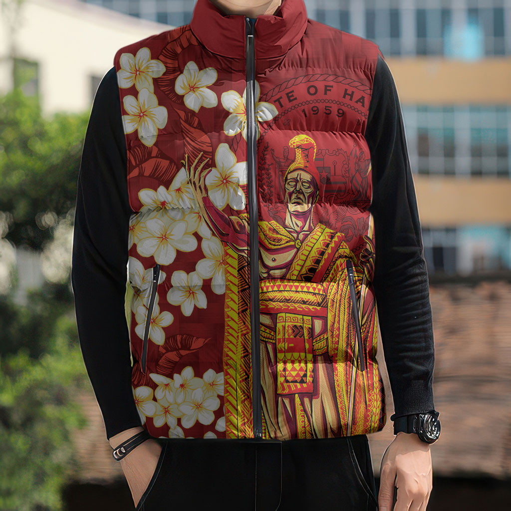 Hawaii King Kamehameha Sleeveless Puffer Jacket Plumeria Lauhala Pattern