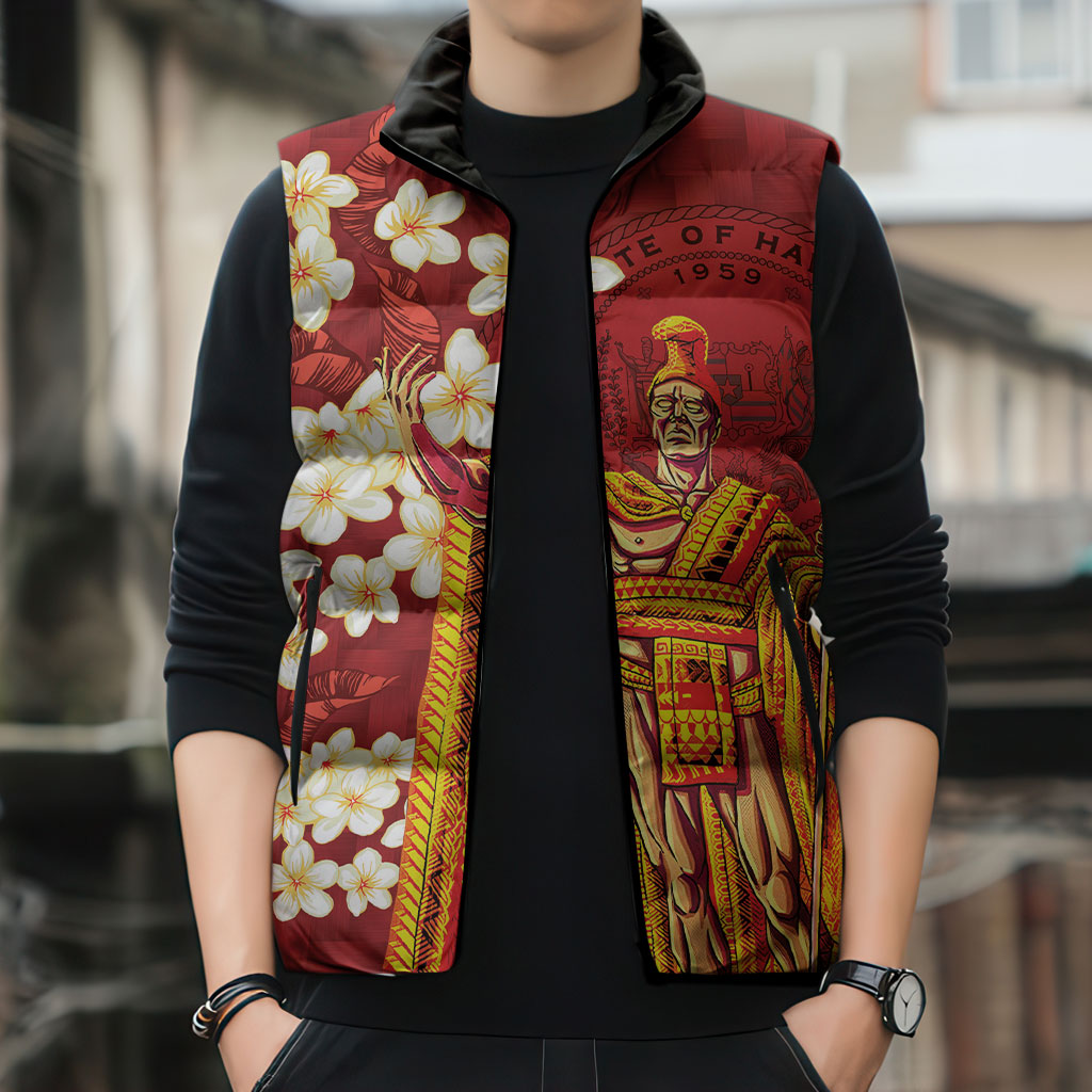 Hawaii King Kamehameha Sleeveless Puffer Jacket Plumeria Lauhala Pattern
