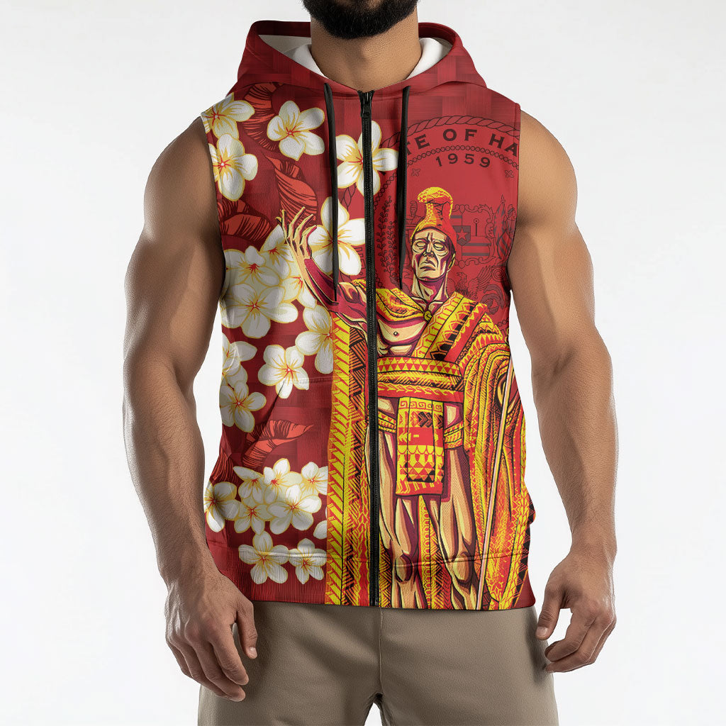 Hawaii King Kamehameha Sleeveless Zip Hoodie Plumeria Lauhala Pattern