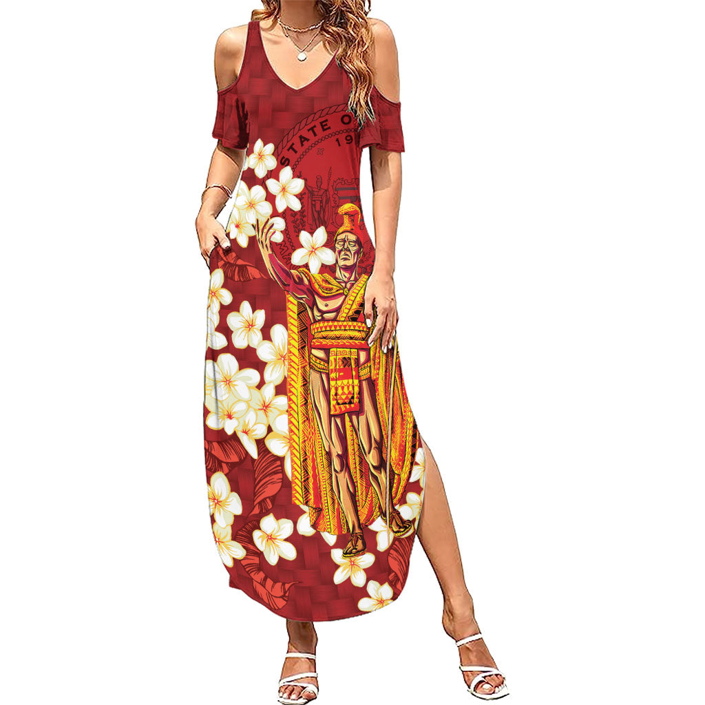 Hawaii King Kamehameha Summer Maxi Dress Plumeria Lauhala Pattern