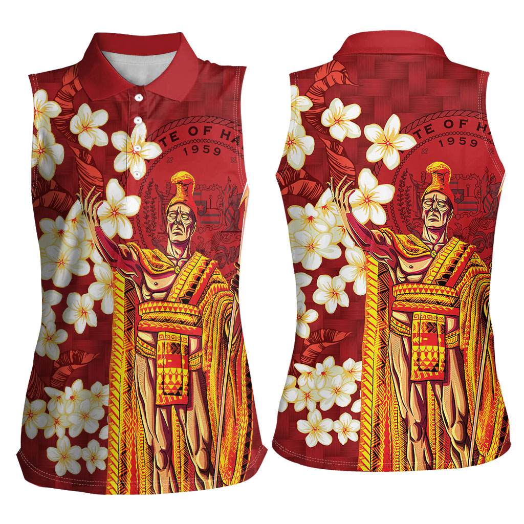 Hawaii King Kamehameha Women Sleeveless Polo Shirt Plumeria Lauhala Pattern