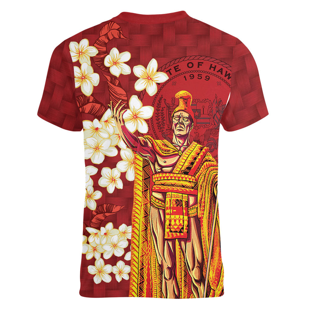 Hawaii King Kamehameha Women V-Neck T-Shirt Plumeria Lauhala Pattern