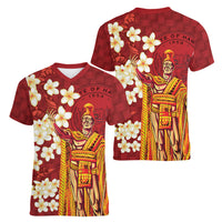 Hawaii King Kamehameha Women V-Neck T-Shirt Plumeria Lauhala Pattern