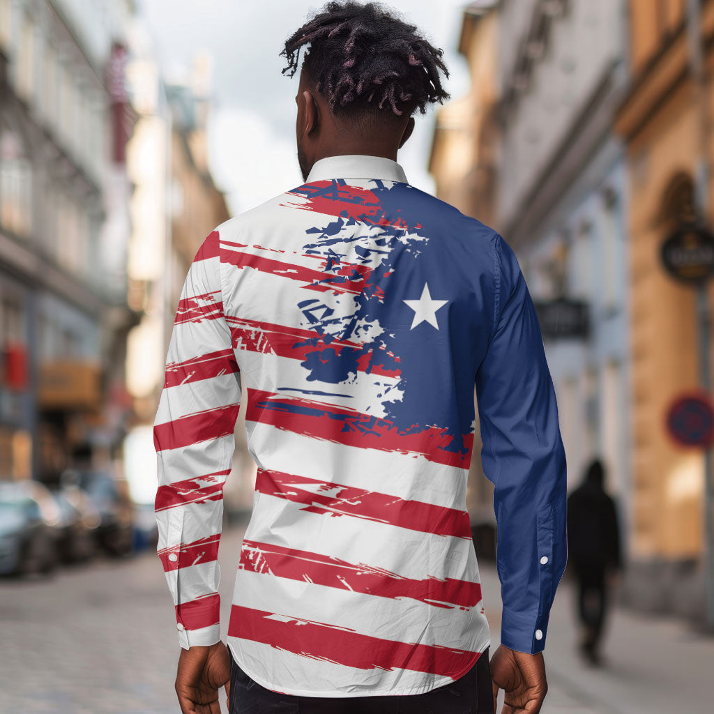 Liberia Flag Long Sleeve Button Shirt Grunge Stylized