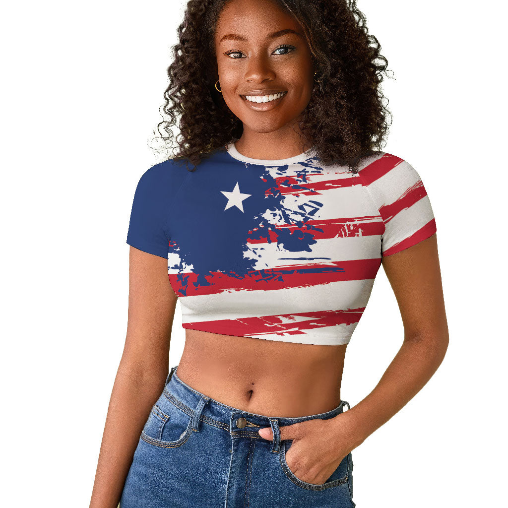 Liberia Flag Raglan Cropped T shirt Grunge Stylized LT01 Female Multicolor - Polynesian Pride