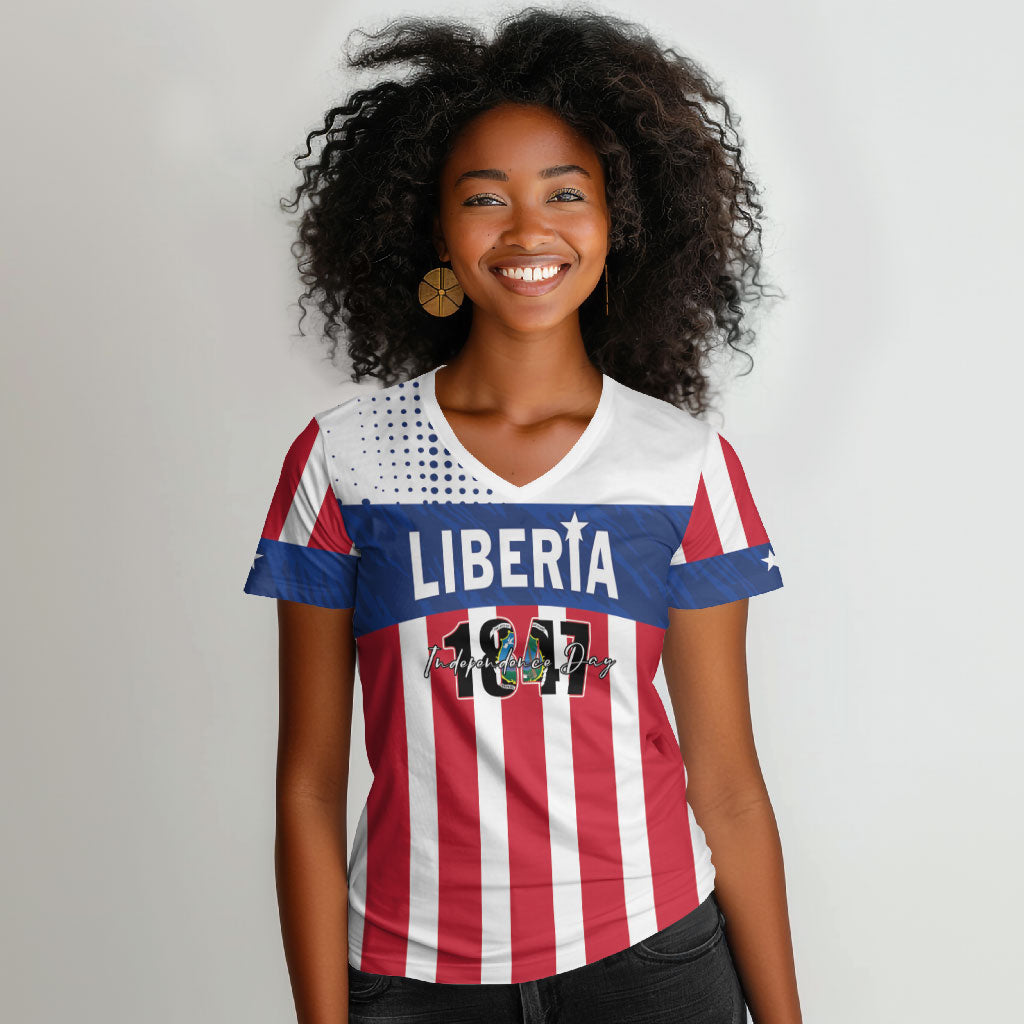 Personalized Liberia 1847 Women V-Neck T-Shirt Happy Independence Day LT01 Female Multicolor - Polynesian Pride