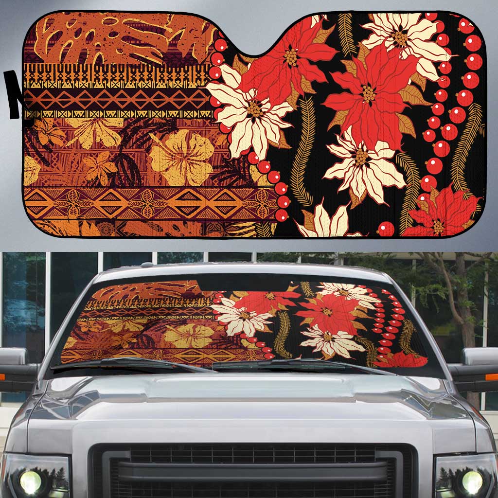 Hawaii Christmas Poinsettia Lei Auto Sun Shade Tapa Pattern - Polynesian Pride