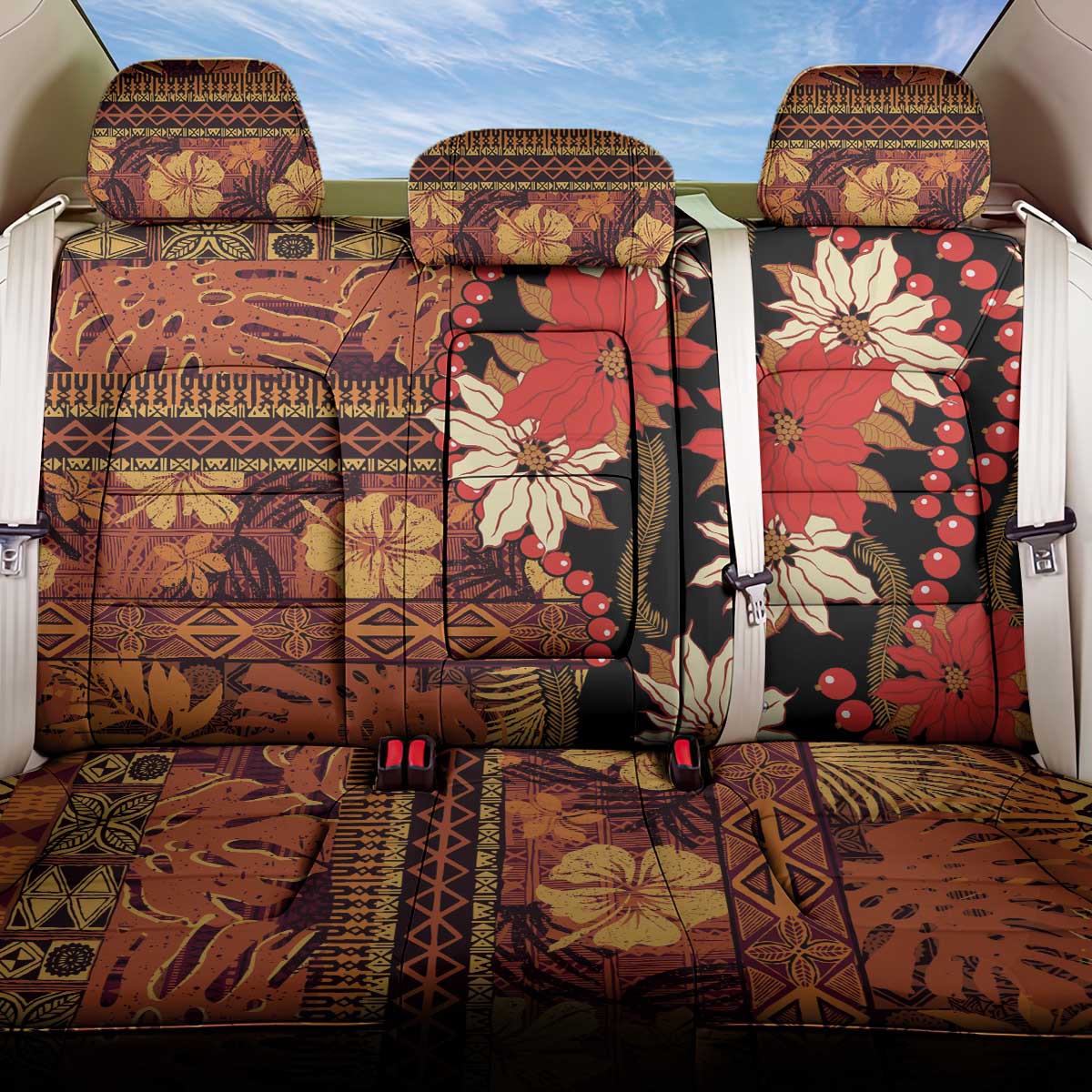 Hawaii Christmas Poinsettia Lei Back Car Seat Cover Tapa Pattern - Polynesian Pride