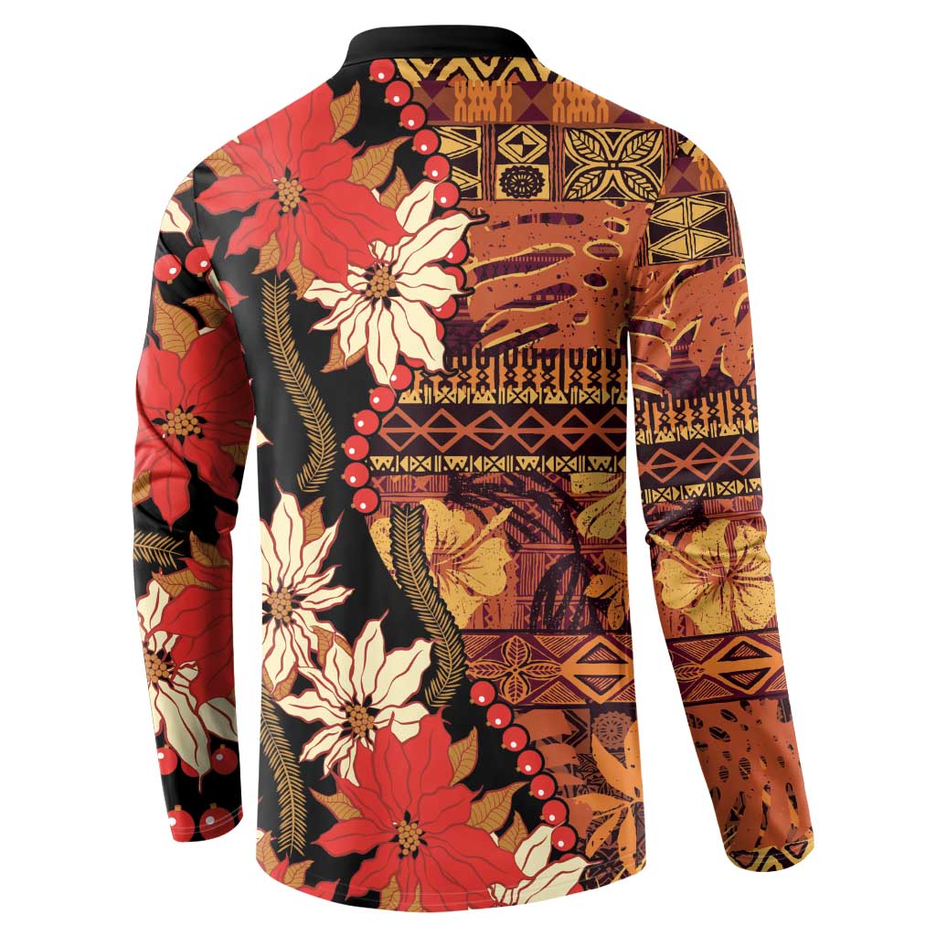 Hawaii Christmas Poinsettia Lei Button Sweatshirt Tapa Pattern - Polynesian Pride