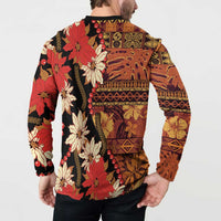 Hawaii Christmas Poinsettia Lei Button Sweatshirt Tapa Pattern - Polynesian Pride