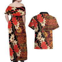 Hawaii Christmas Poinsettia Lei Couples Matching Off Shoulder Maxi Dress and Hawaiian Shirt Tapa Pattern - Polynesian Pride