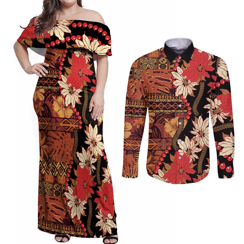 Hawaii Christmas Poinsettia Lei Couples Matching Off Shoulder Maxi Dress and Long Sleeve Button Shirt Tapa Pattern - Polynesian Pride