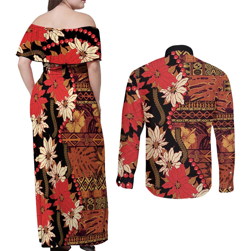 Hawaii Christmas Poinsettia Lei Couples Matching Off Shoulder Maxi Dress and Long Sleeve Button Shirt Tapa Pattern - Polynesian Pride