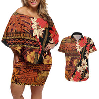 Hawaii Christmas Poinsettia Lei Couples Matching Off Shoulder Short Dress and Hawaiian Shirt Tapa Pattern - Polynesian Pride