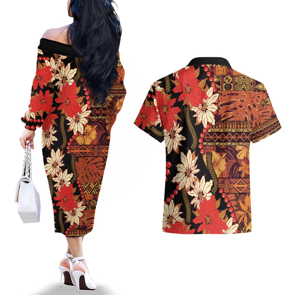 Hawaii Christmas Poinsettia Lei Couples Matching Off The Shoulder Long Sleeve Dress and Hawaiian Shirt Tapa Pattern - Polynesian Pride