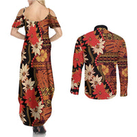 Hawaii Christmas Poinsettia Lei Couples Matching Summer Maxi Dress and Long Sleeve Button Shirt Tapa Pattern - Polynesian Pride