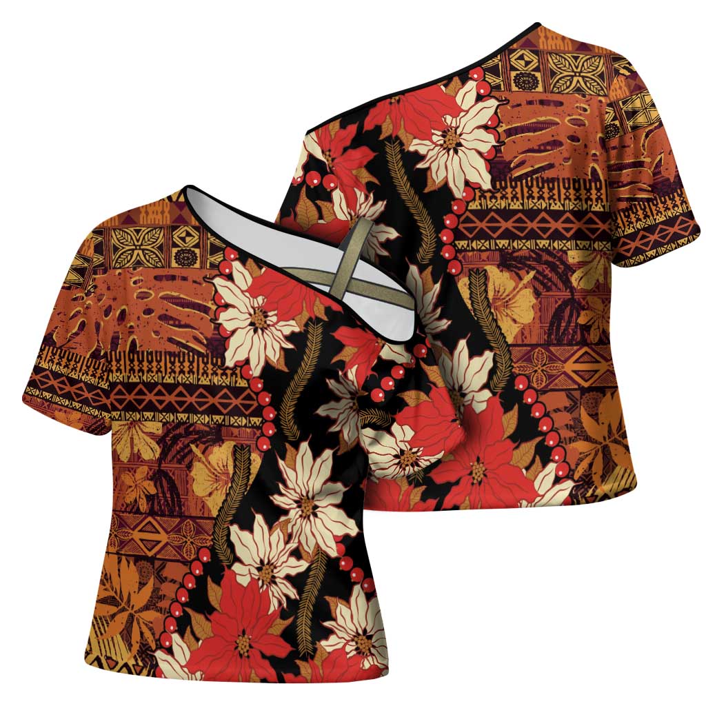 Hawaii Christmas Poinsettia Lei Cross Shoulder Shirt Tapa Pattern LT01 - Polynesian Pride