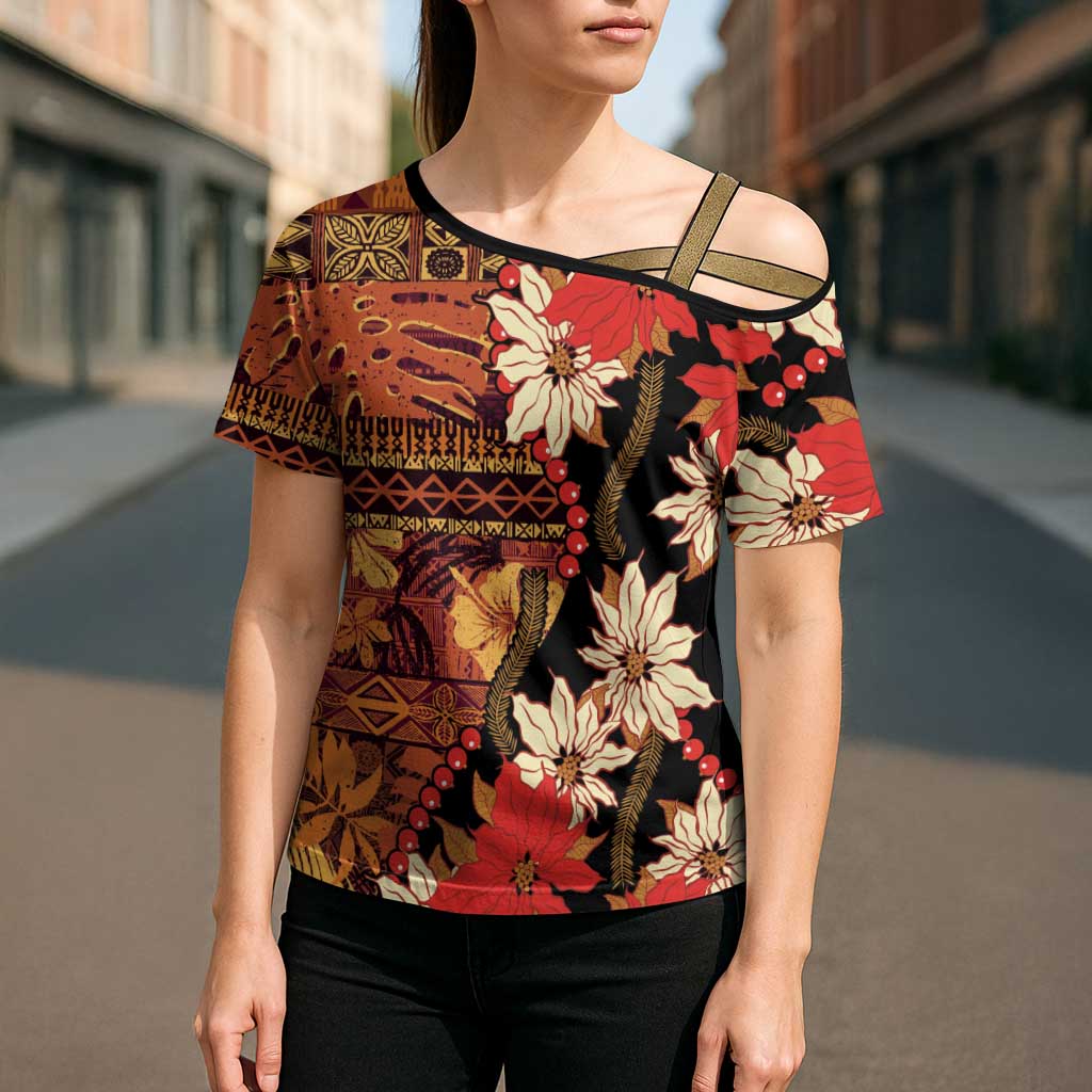 Hawaii Christmas Poinsettia Lei Cross Shoulder Shirt Tapa Pattern LT01 - Polynesian Pride