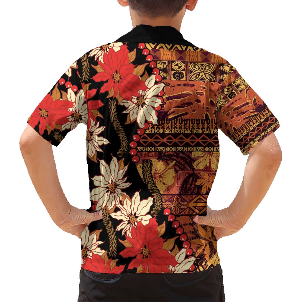 Hawaii Christmas Poinsettia Lei Family Matching Long Sleeve Bodycon Dress and Hawaiian Shirt Tapa Pattern - Polynesian Pride