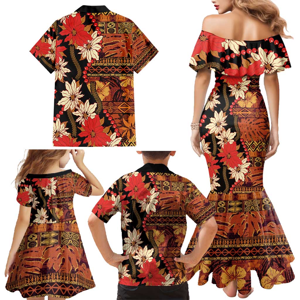 Hawaii Christmas Poinsettia Lei Family Matching Mermaid Dress and Hawaiian Shirt Tapa Pattern - Polynesian Pride